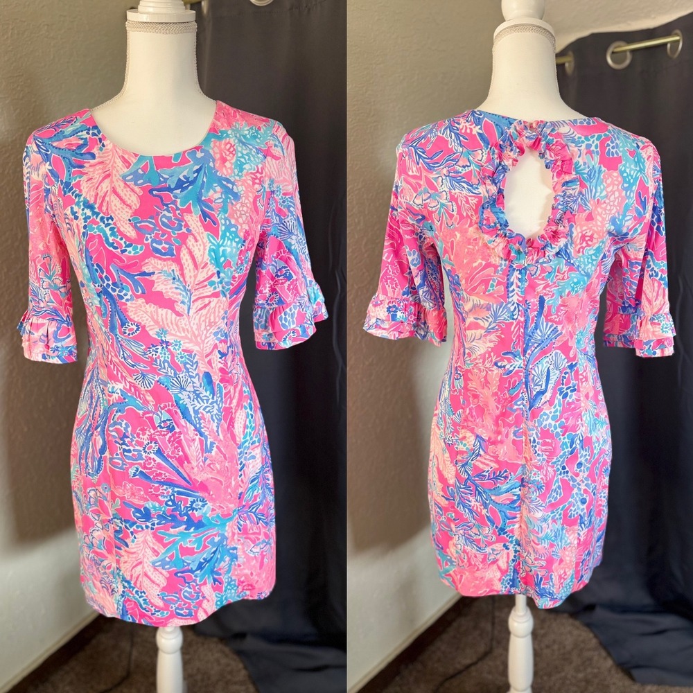 Lilly Pulitzer Fiesta Stretch Dress Light Pascha Pink Aquadesiac Ruffle Back 4